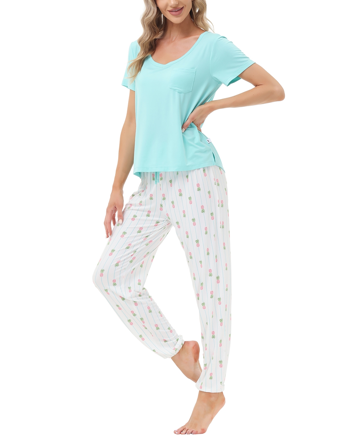 Echo Women's Short Sleeve Pocket T-Shirt with Printed Jogger Pants 2 Piece Pajama Set