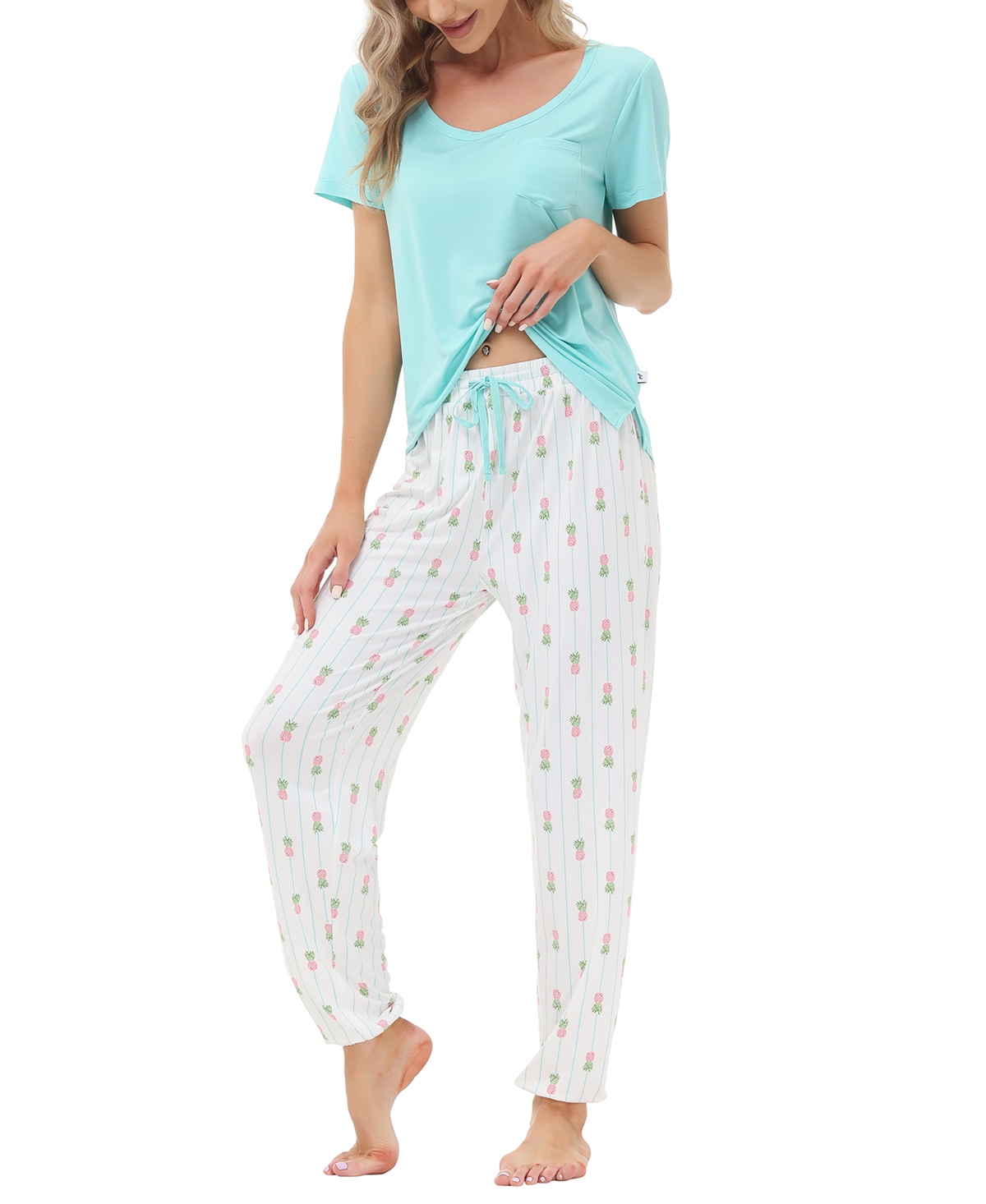 Echo Women's Short Sleeve Pocket T-Shirt with Printed Jogger Pants 2 Piece Pajama Set