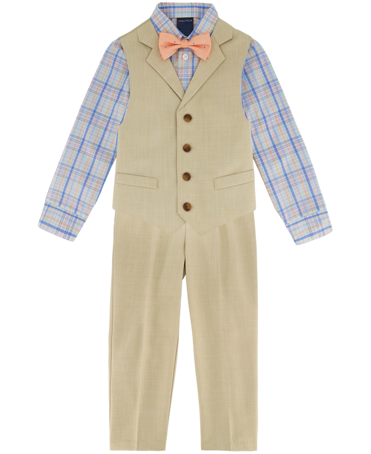 Nautica Baby Boys Linen Look Vest, Pants, Shirt And Bowtie, 4 Piece Set In Khaki
