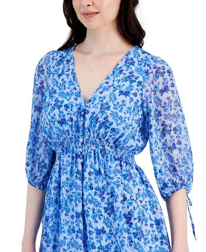 REBECCA TAYLOR Womens Blue Pleated Smocked Unlined Ruched Pullover Pocketed Sleeveless V Neck Above The Knee Fit + Flare Dress