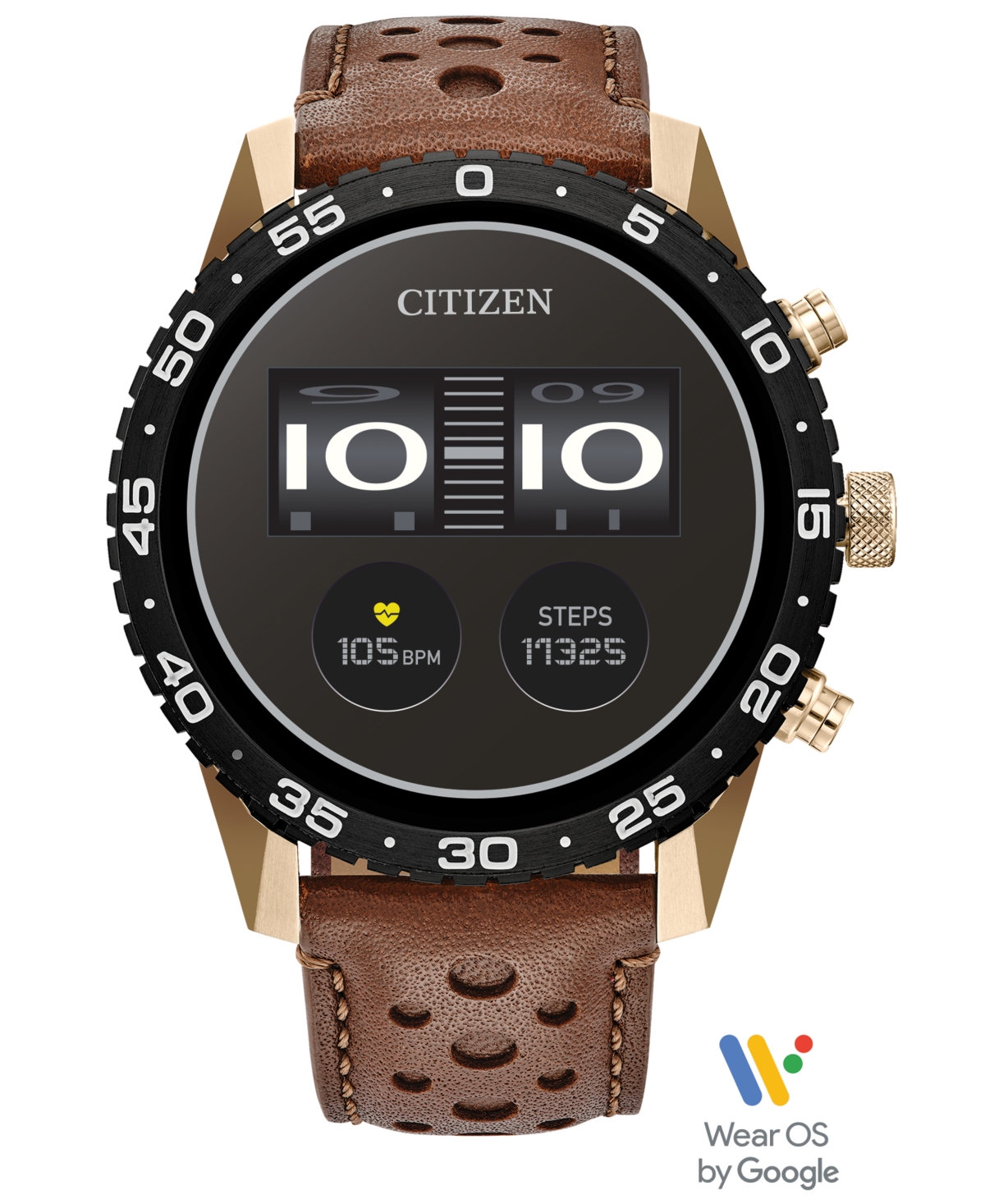 Citizen Unisex Cz Smart Wear Os Brown Perforated Leather Strap Smart Watch 45mm In Rose Gold-tone