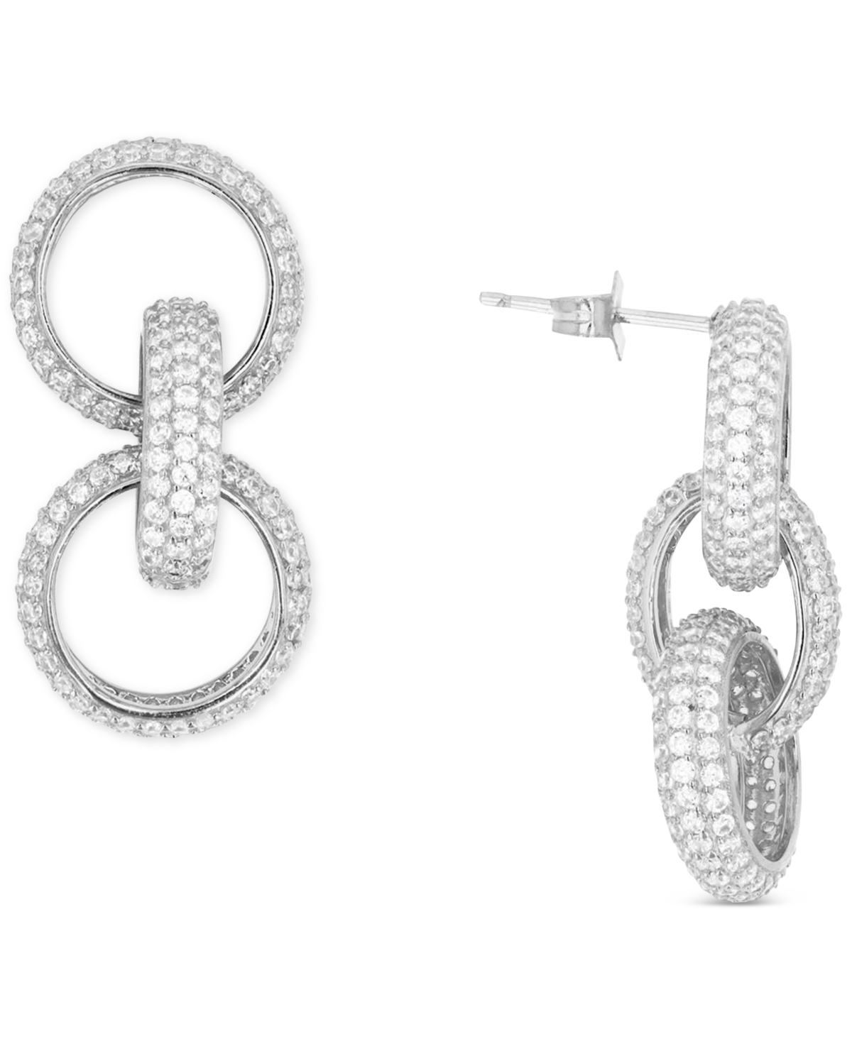 Cubic Zirconia Triple Hoop Stud Earrings or 14k Gold over Sterling Silver - Sterling Silver