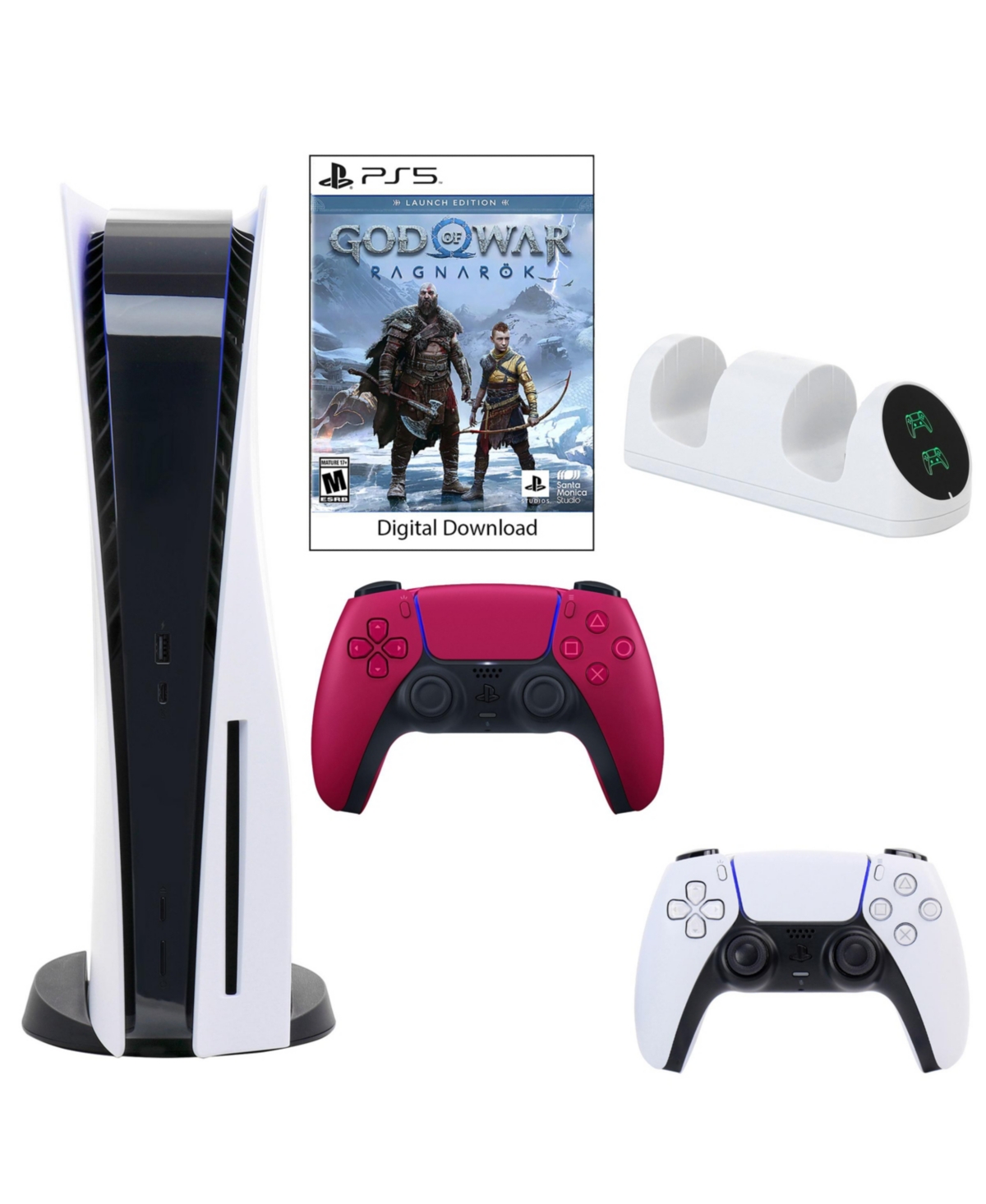 Sony PlayStation 5 Core Console with God of War: Ragnarok with Dual Charger and DualSense Controller in Cosmic Red