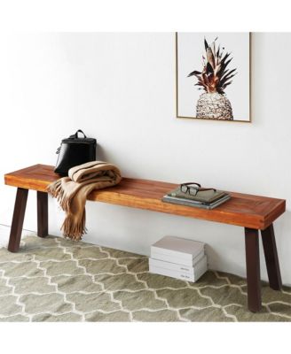 Set of 2 Patio Acacia Wood Dining Bench with Rustic Steel Legs Outdoor Indoor