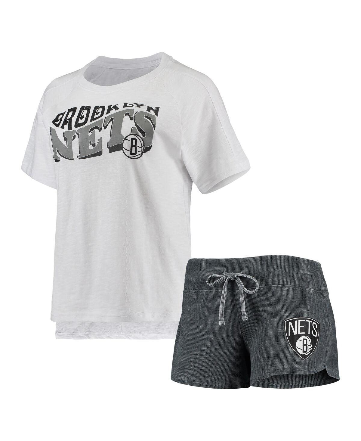 Concepts Sport Women's  Charcoal, White Brooklyn Nets Resurgence Slub Burnout Raglan T-shirt And Shor In Charcoal,white