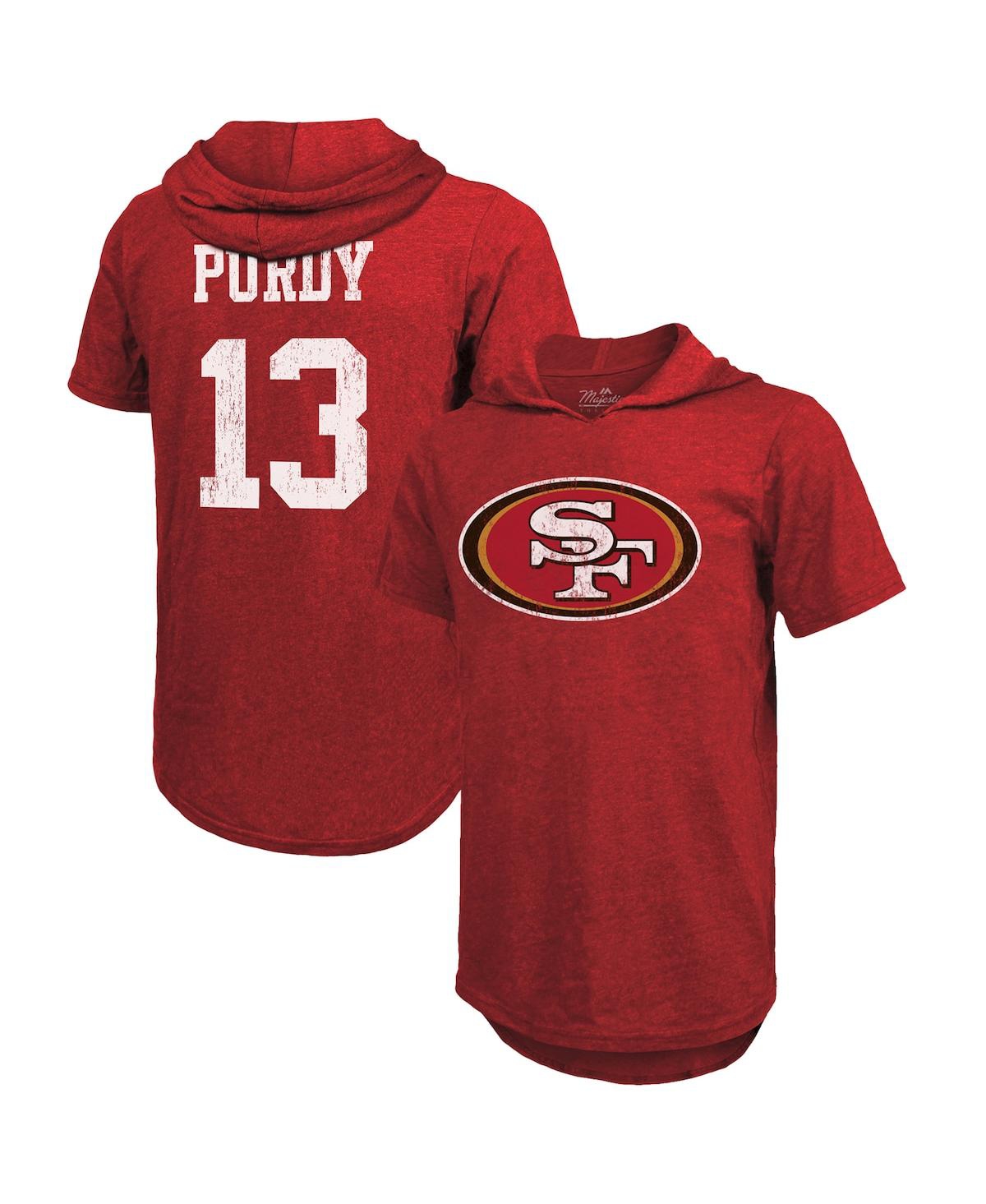Men's Majestic Threads Brock Purdy Scarlet San Francisco 49ers Player Name and Number Tri-Blend Short Sleeve Hoodie T-shirt - Scarlet