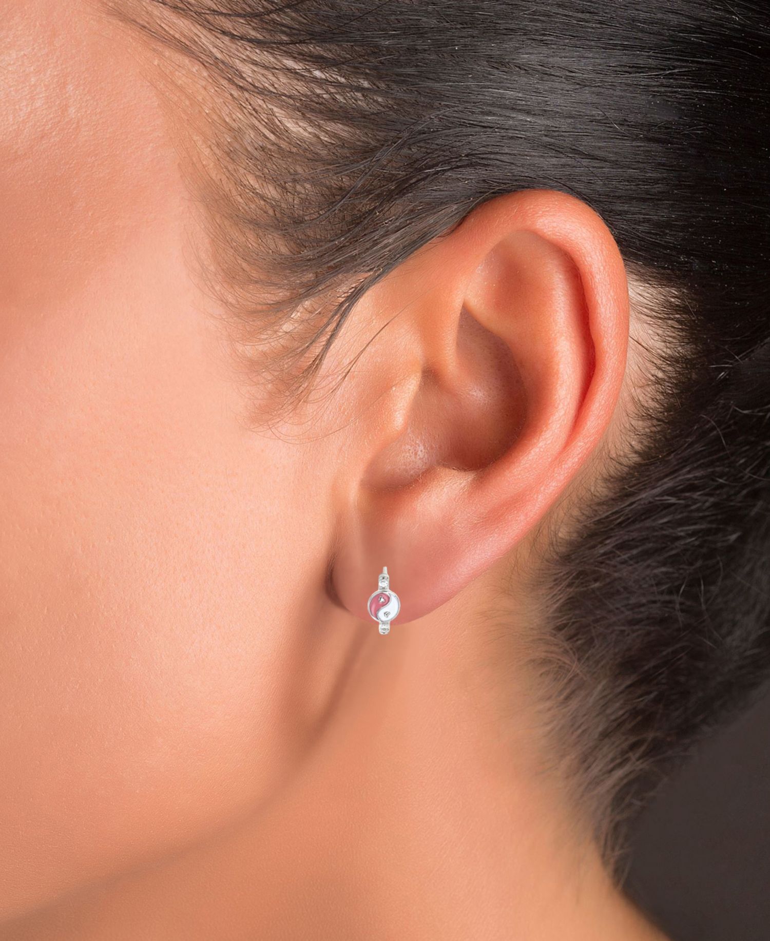Cubic Zirconia & Enamel Yin Yang Small Hoop Earrings, 0.51"