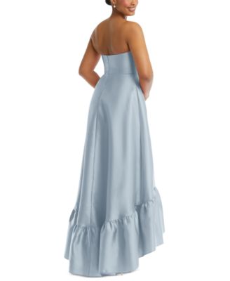 Women's Strapless Deep Ruffle Hem Satin High Low Dress with Pockets