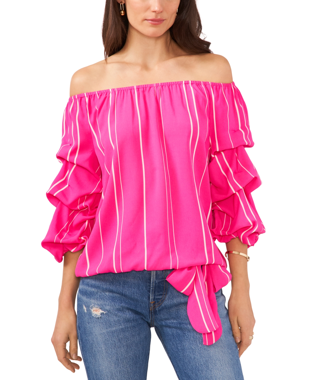 Women's Striped Off The Shoulder Bubble Sleeve Tie Front Blouse - Hot Pink