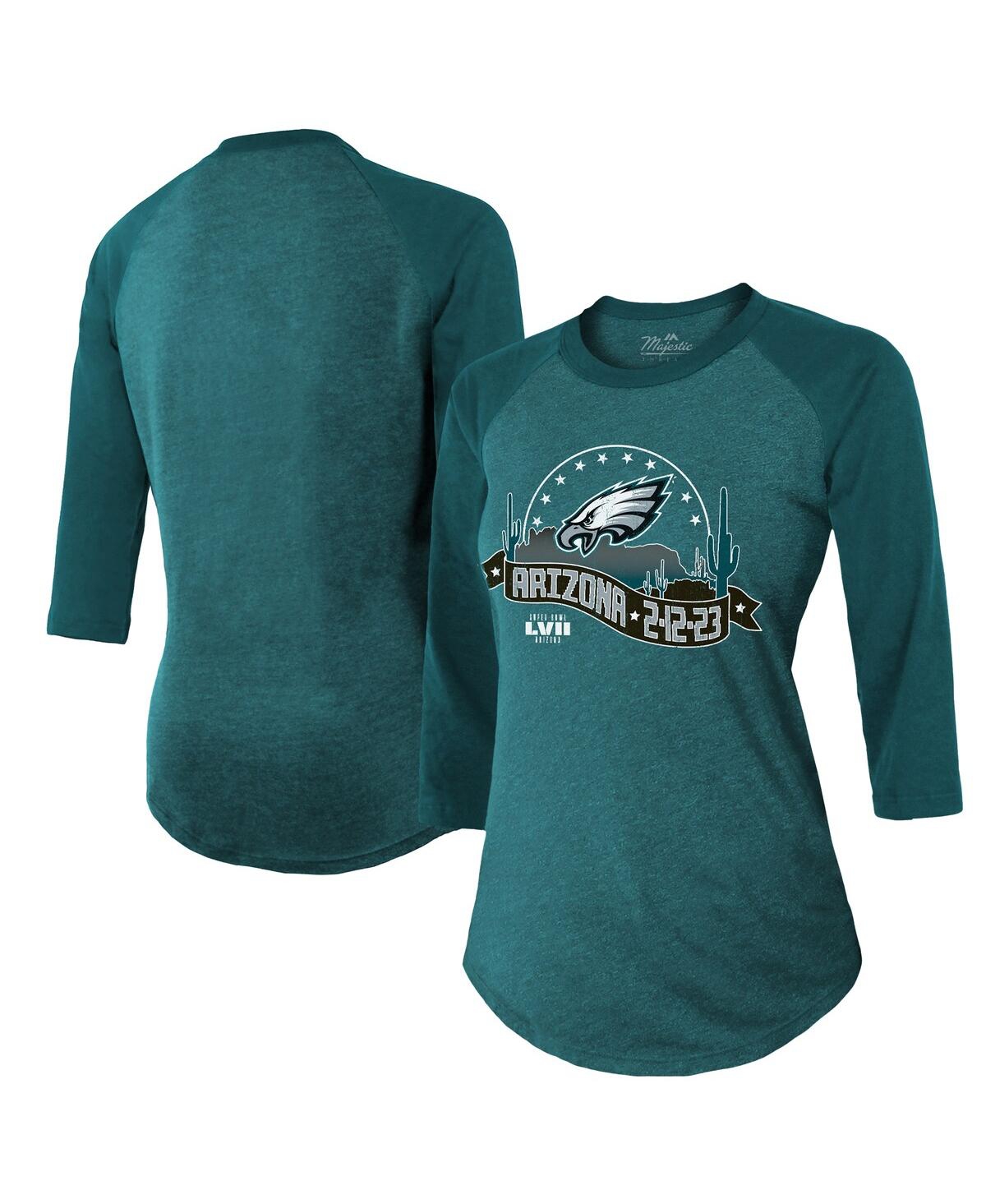 Women's Majestic Threads MidnightPhiladelphia Eagles Super Bowl Lvii Desert Tri-Blend Raglan 3/4 Sleeve T-shirt - Green