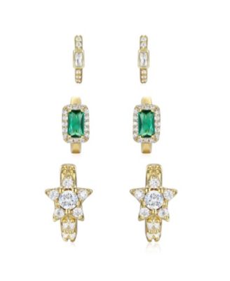 Extra Mini Sterling Silver 14k Gold Plated with Green & Cubic Zirconia Halo Star 3-Piece Hoop Earrings Set