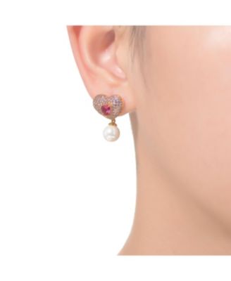 Sterling Silver & 14K Gold-Plated Red Cubic Zirconia Heart Earrings with Pearl Butterfly Drops