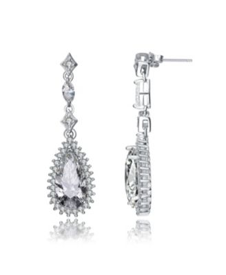 Sterling Silver White gold Plated Pear Drop Cubic Zirconia with Halo Burst Earrings
