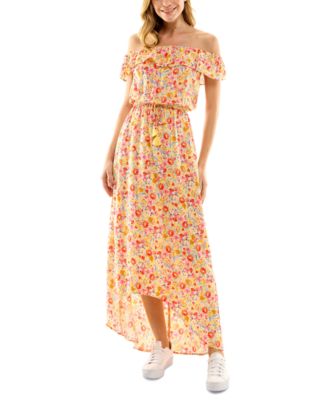 Flying Tomato Women's Off-Shoulder Floral Hi-Low Dress - Light Crepe Chiffon Summer Dress