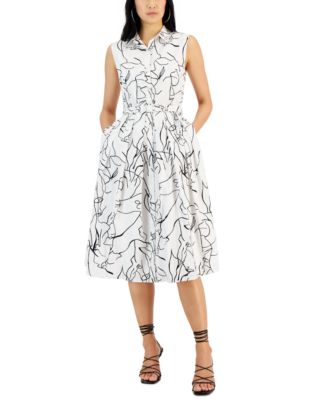 T Tahari - Women's Printed Sleeveless Belted Midi Dress