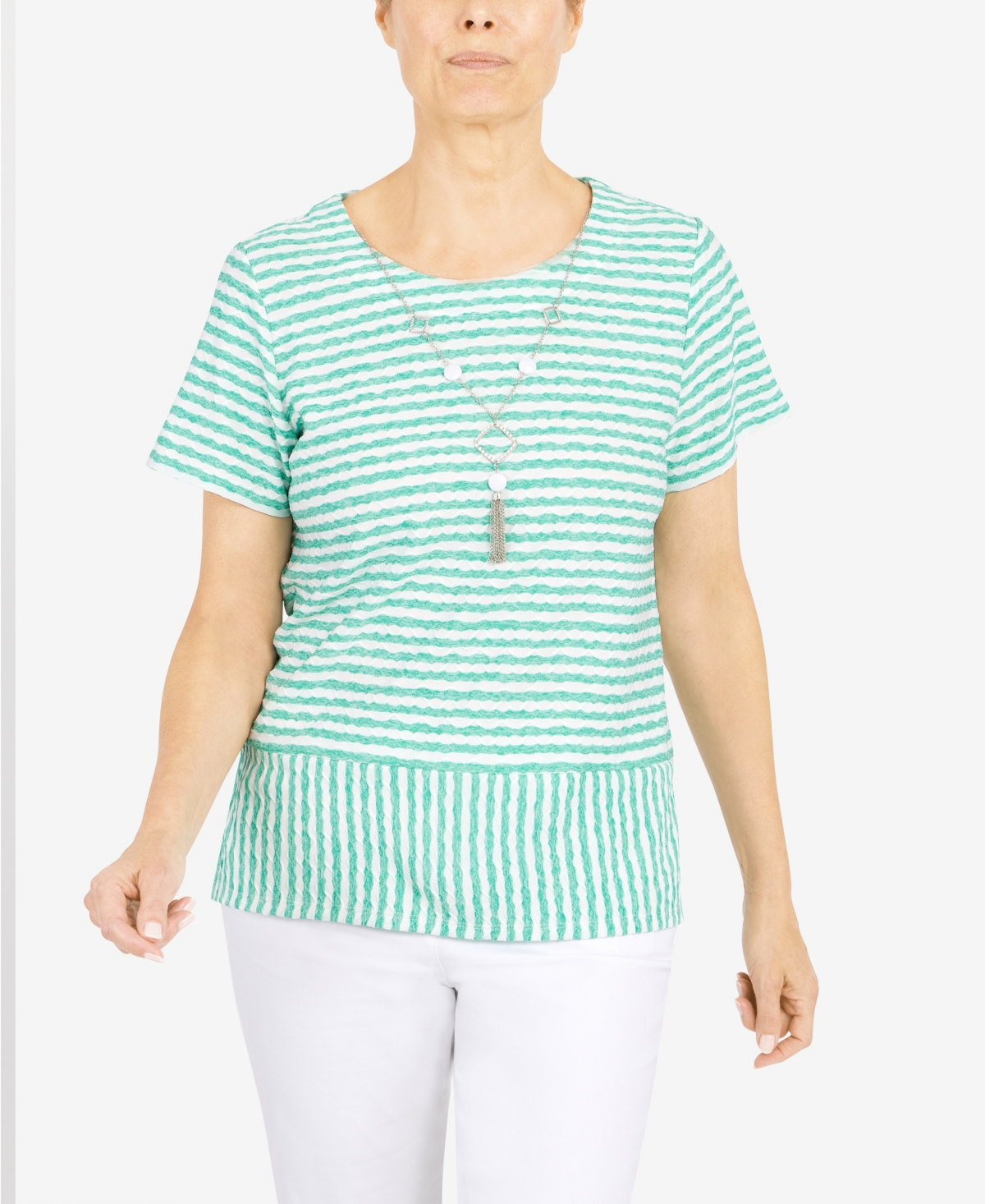 Alfred Dunner Petite Classics Stripe Texture Knit Top With Necklace In Seagreen