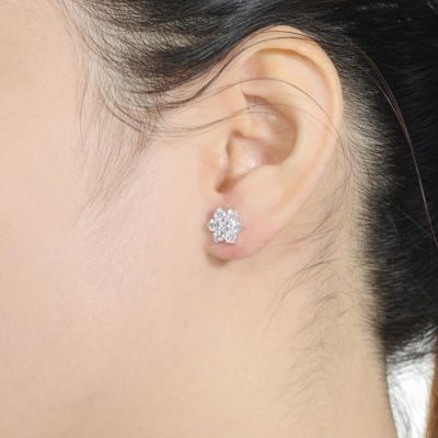 Sterling Silver Clear Round Cubic Zirconias Flower Shape Earrings