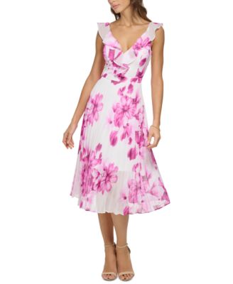 GUESS - Women's Ruffled-Neck Pleated-Skirt Dress