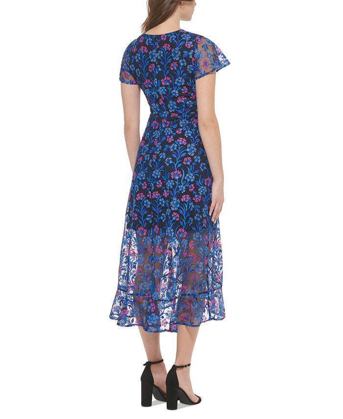 Elegant Floral Mock Neck Dress with Ruffled Flutter Sleeves and Tiered Design main image 1