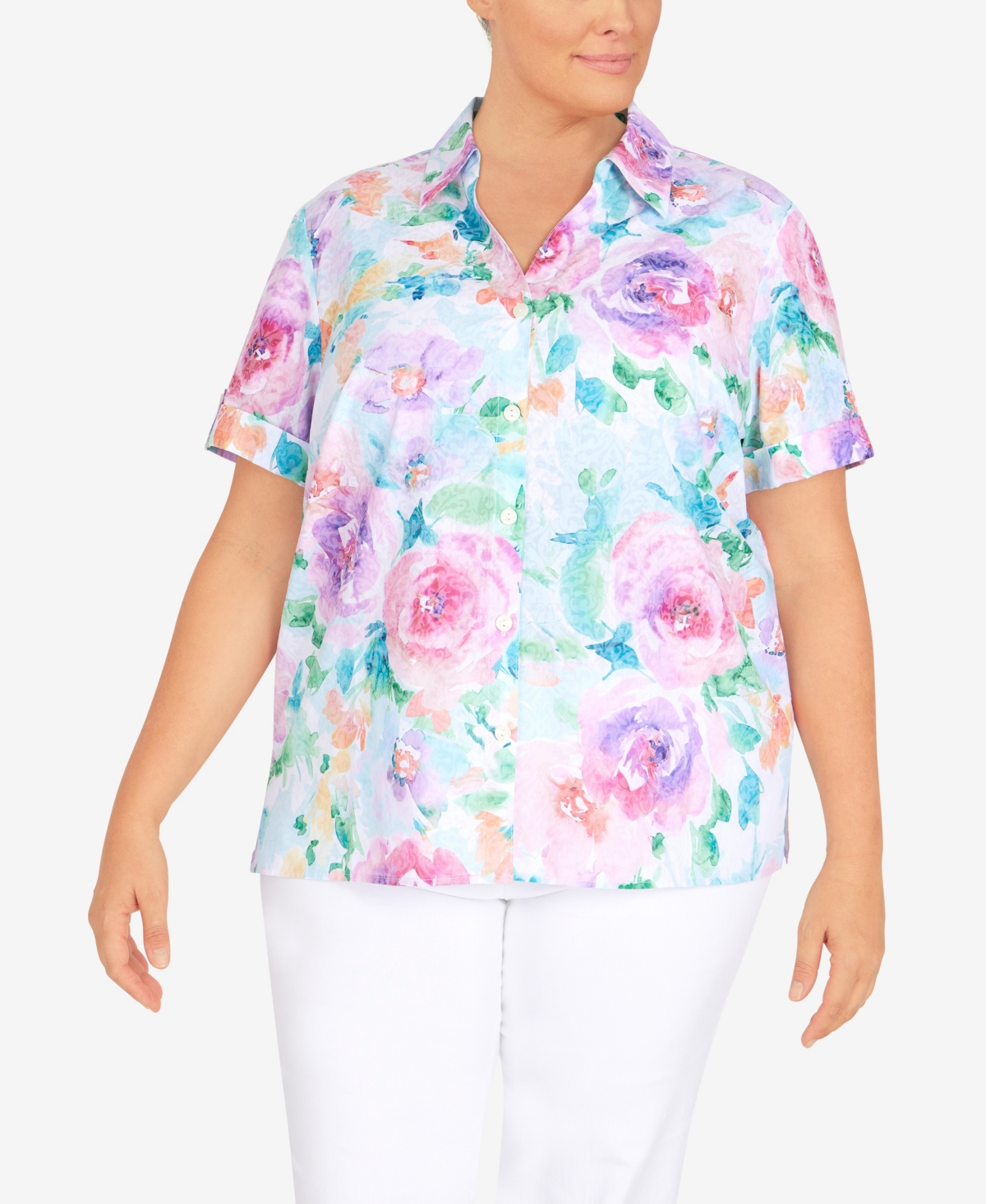 Alfred Dunner Plus Size Classic Watercolor Floral Burnout Short Sleeve Top In Multi