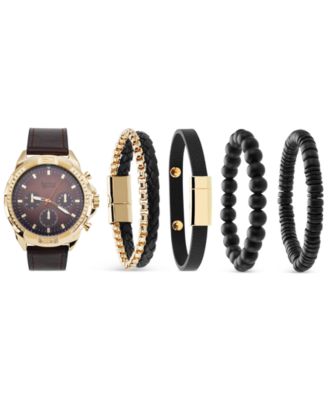 Men's Brown Faux-Leather Strap Watch 51mm Gift Set