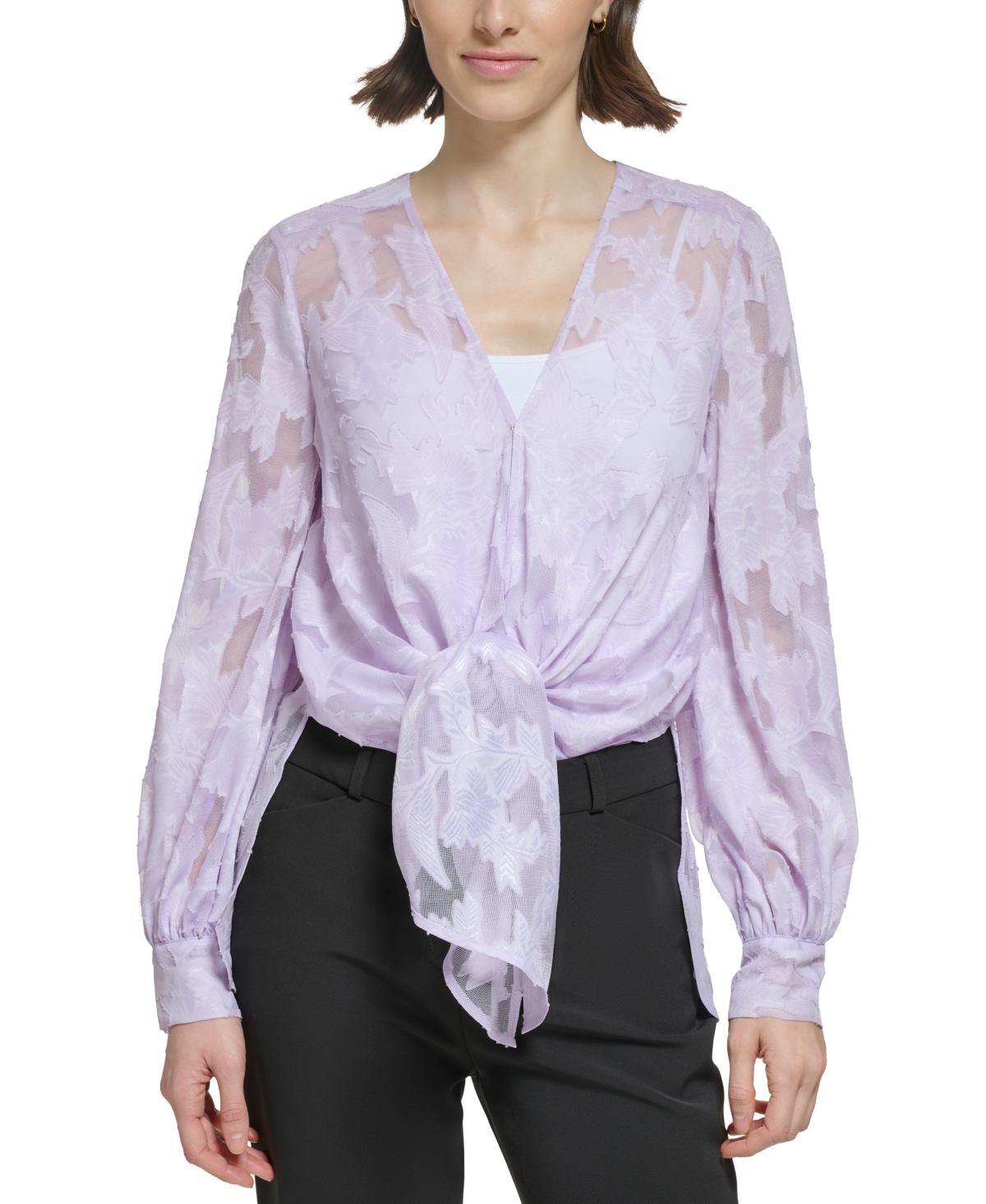 Donna Karan Women's Burnout Floral Print Tie-Front Blouson Top