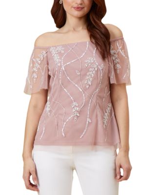 Adrianna Papell Women's Beaded Off The Shoulder Top Beige Size 16