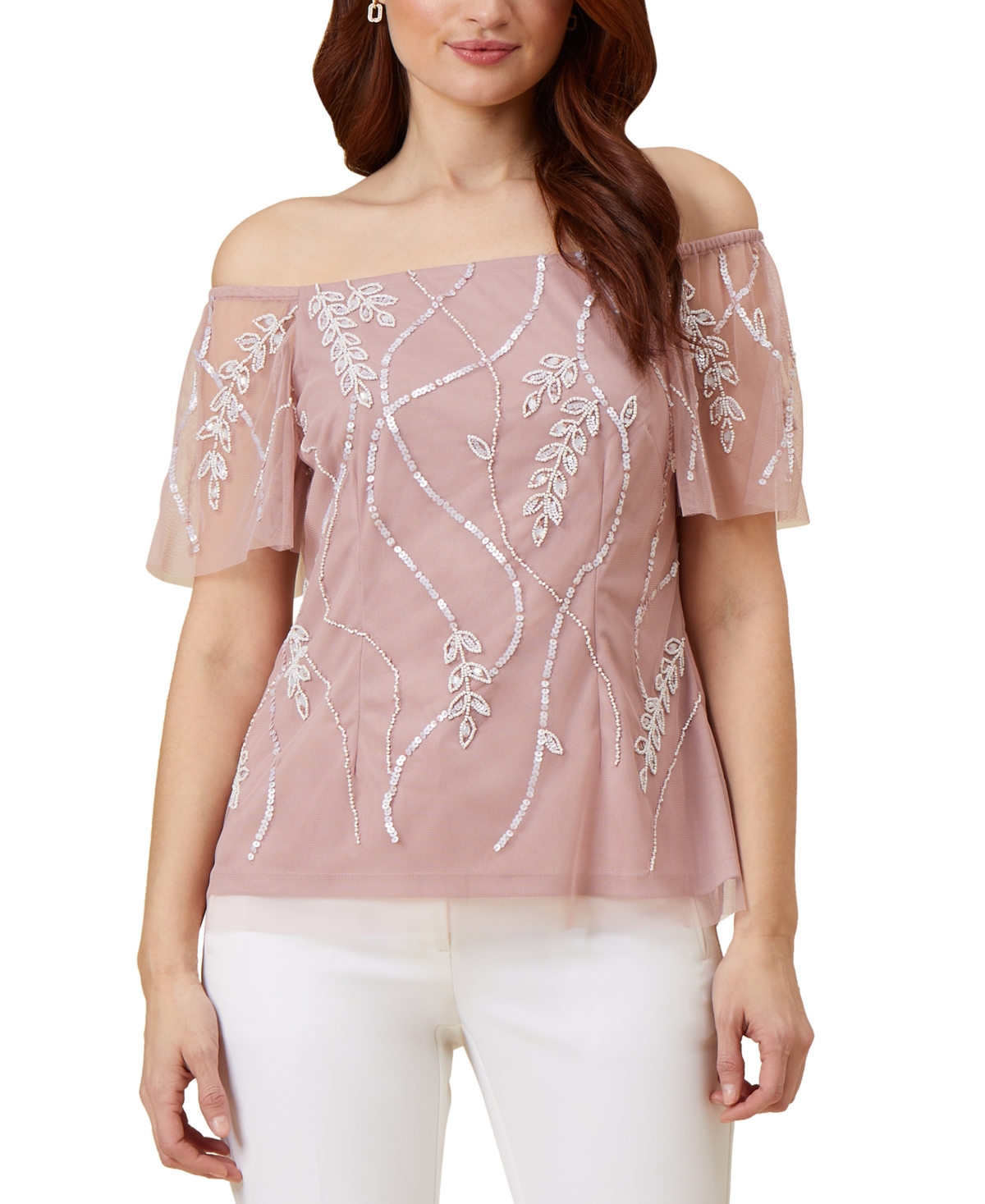  Adrianna Papell Women's Beaded Off-The-Shoulder Top
