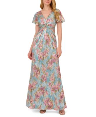 Adrianna Papell - Women's Metallic Floral-Print Flutter-Sleeve Gown