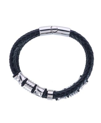 Silver and Leather Double Band Secure Clasp Bracelet