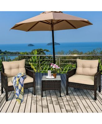 3PCS Outdoor Rattan Conversation Set Patio Furniture Cushioned Sofa Chair