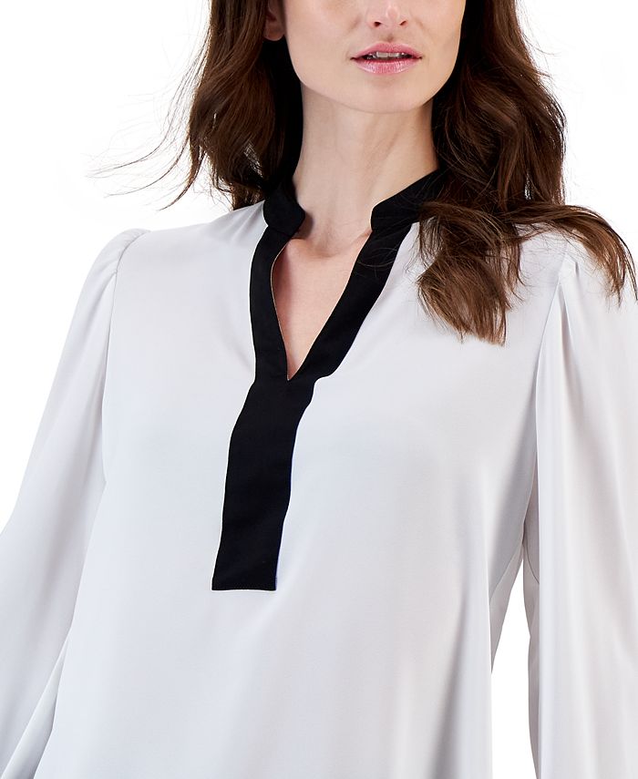 Purple Leafy Print 3/4 Sleeve Striped Trim Split Neck Blouse