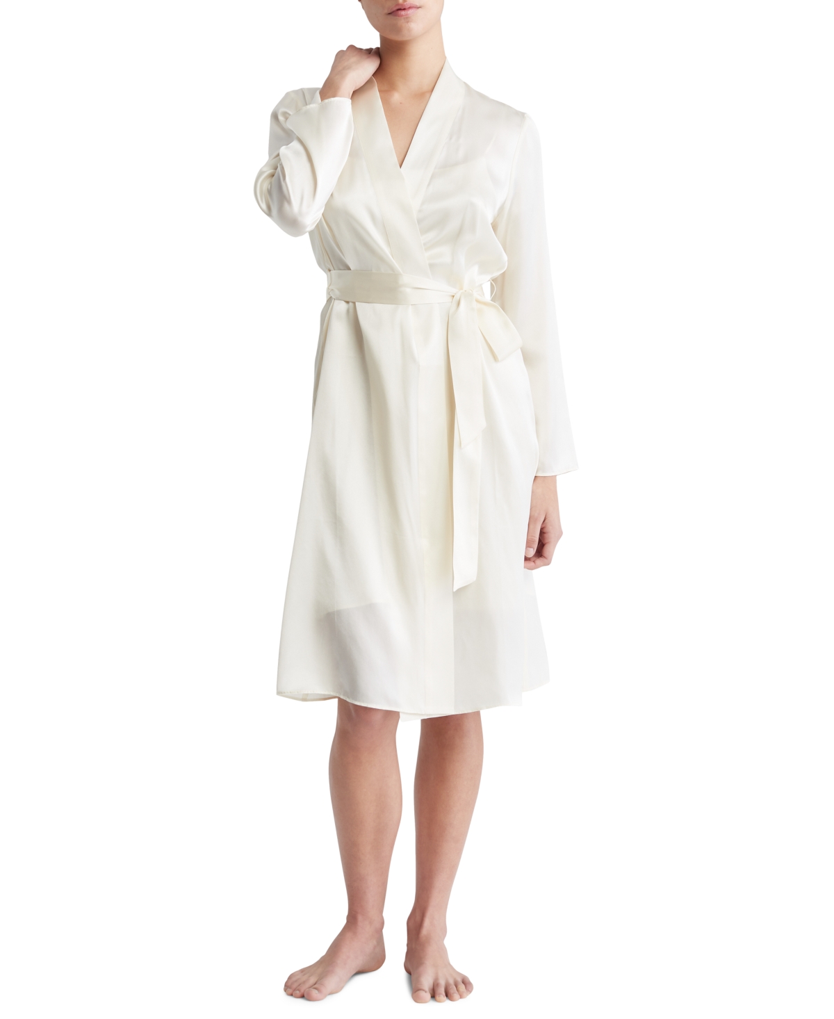 Calvin Klein Women's Silk Ck Black Elevated Lounge Robe Qs6984 In Vanilla Ice
