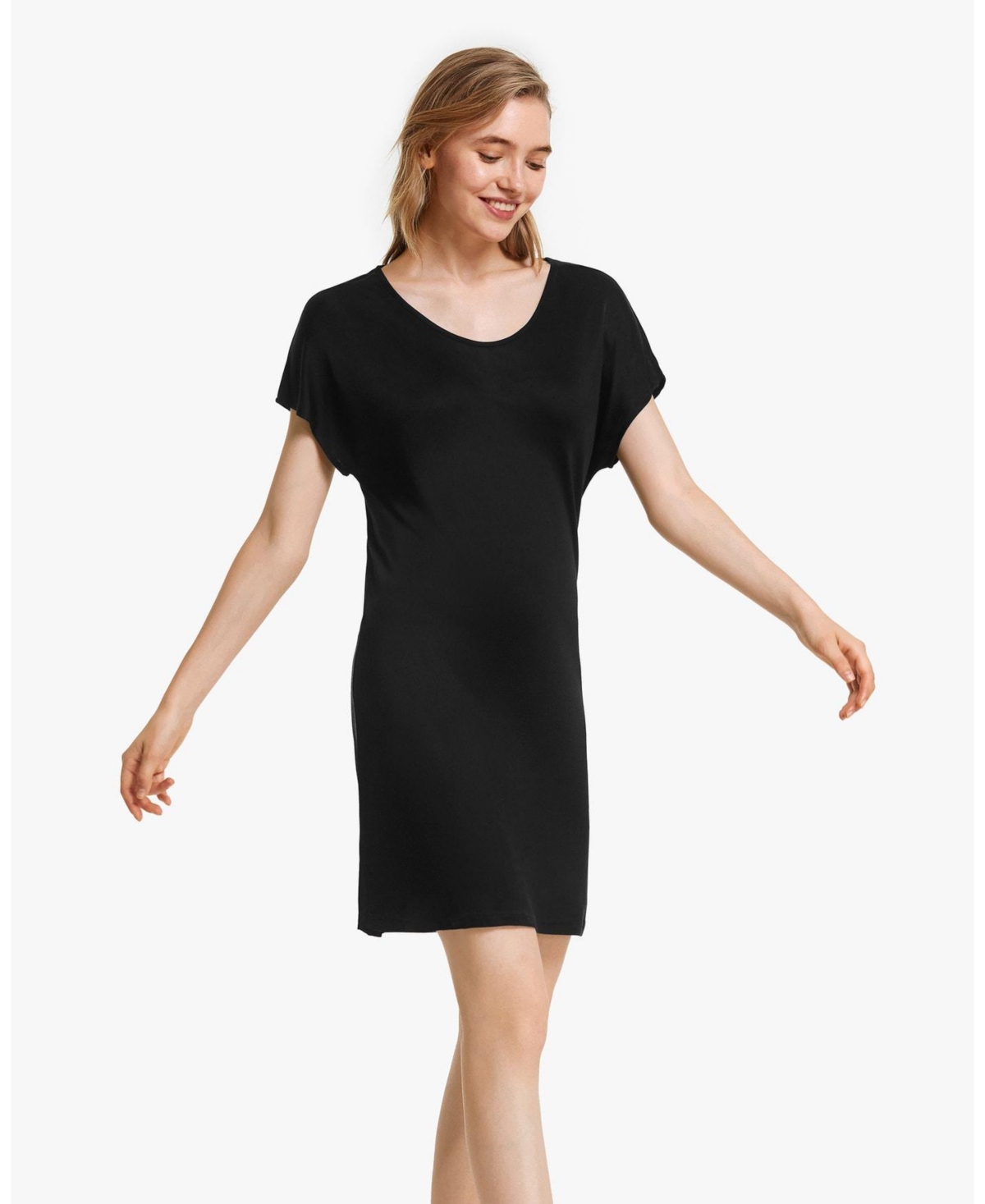 T-shirt Style Silk-Knit Sleep Dress for Women - Black