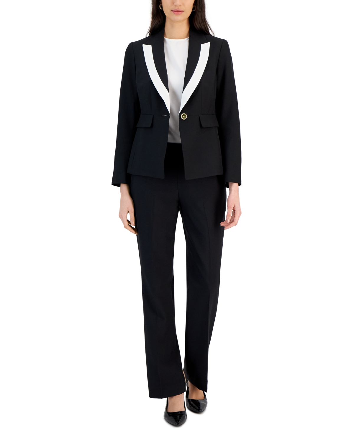 Le Suit Women's Contrast-trim Peak-lapel Pantsuit, Regular And Petite In Indigo,vanilla Ice