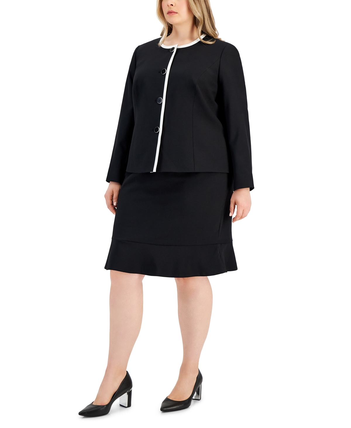Plus Size Framed Collarless Jacket & Flounce-Hem Skirt - Black/Vanilla Ice