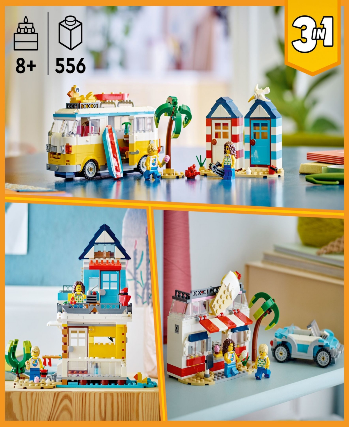 Lego Creator 31138 3-in-1 Beach Camper Van Toy Adventure Building Set In Multicolor