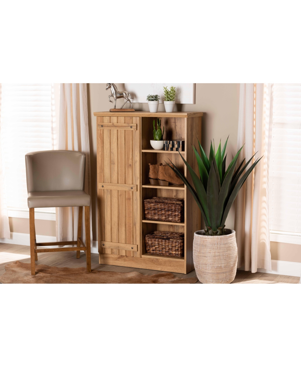 Baxton Studio Eren Modern and Contemporary Farmhouse Natural Finished Wood 1-Door Shoe Cabinet
