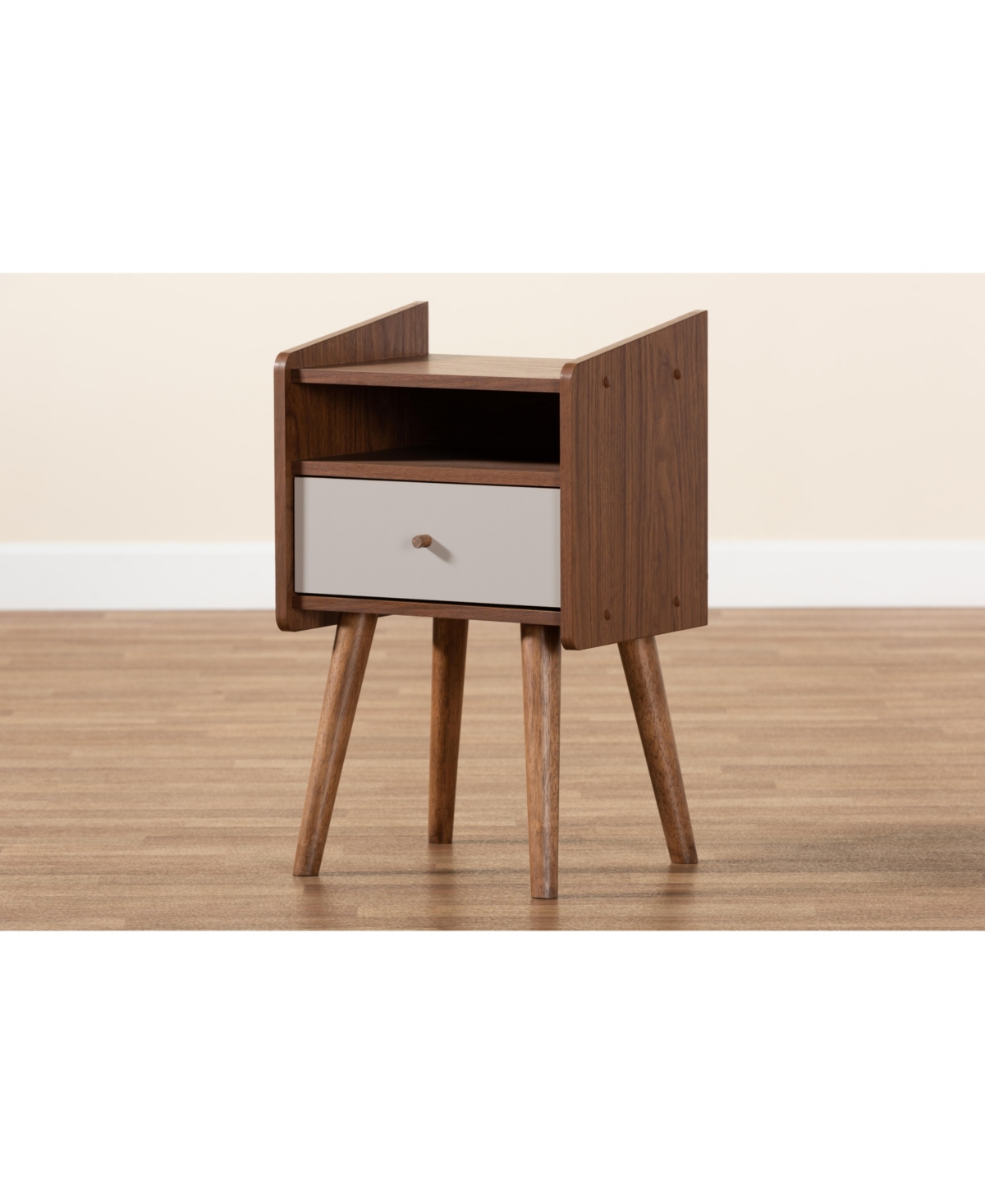 Closeout Baxton Studio Elario Mid-Century Modern Two-Tone and Finished Wood 1-Drawer Nightstand - Walnut Brown