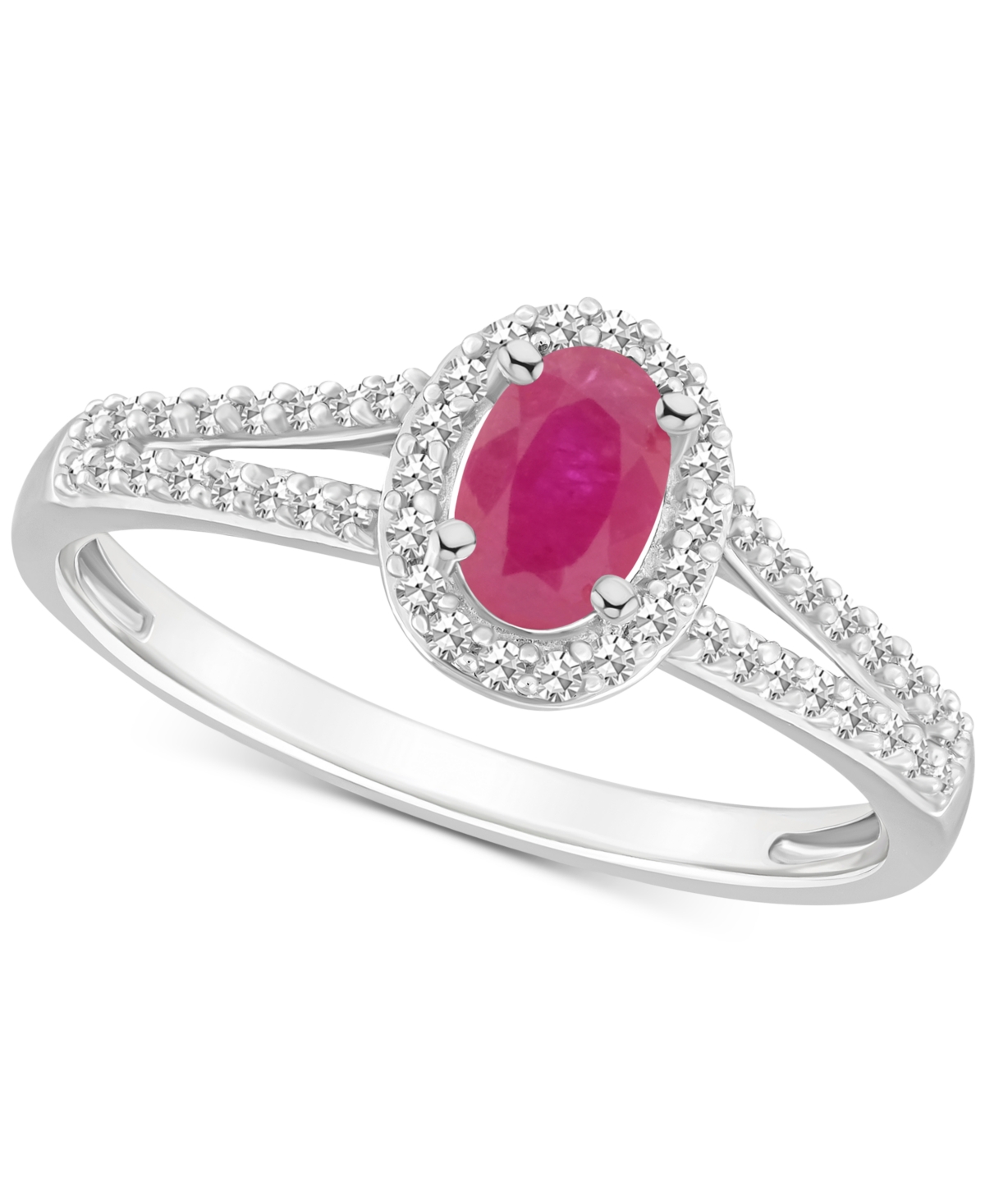 Sapphire (5/8 ct. t.w.) & Diamond (1/4 ct. t.w.) Oval Halo Split Shank Ring in Sterling Silver (Also & Emerald) - RUBY