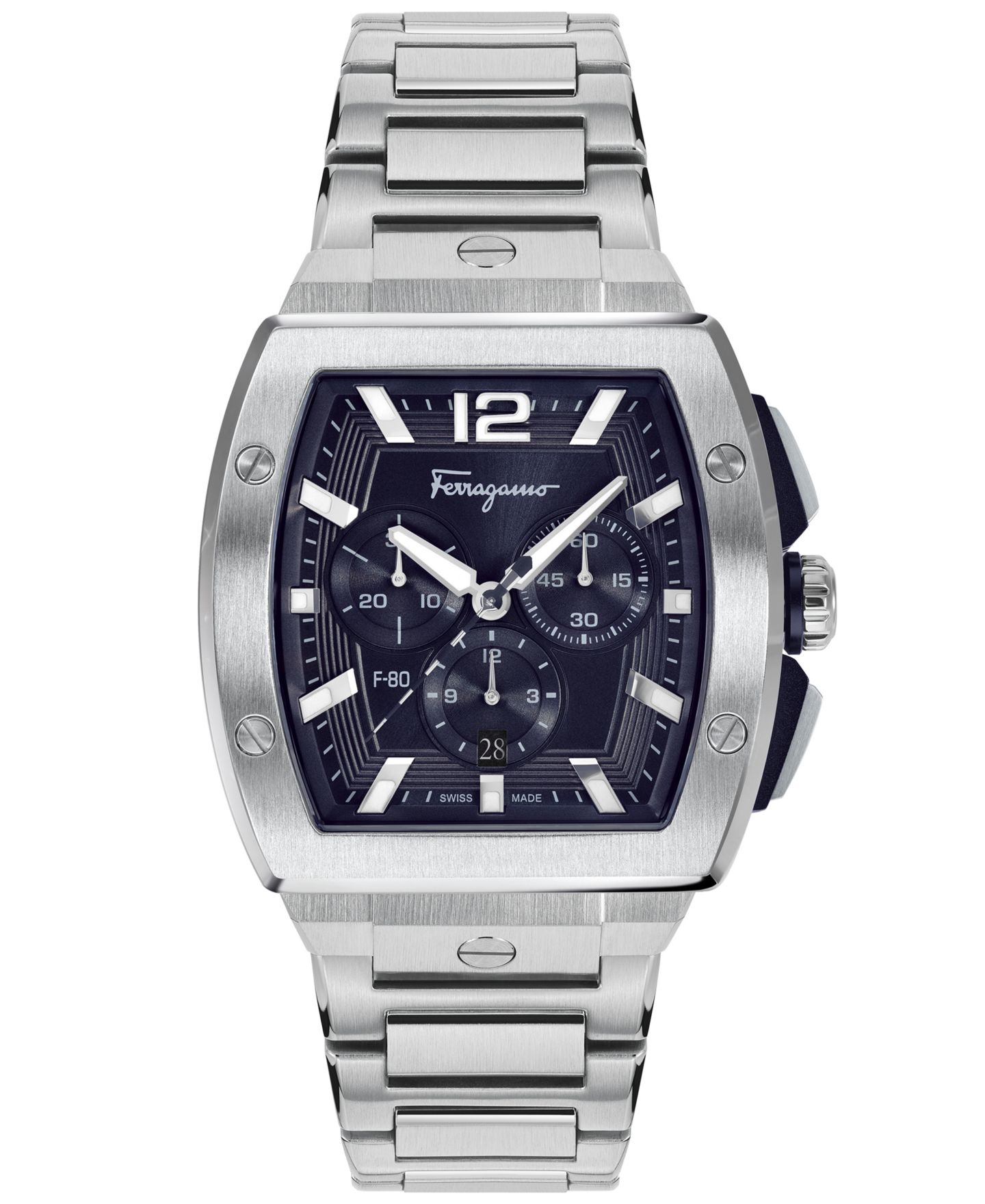 Мужские часы Ferragamo Salvatore Swiss Chronograph F-80 Tonneau Stainless Steel Bracelet Watch 42mm — фото 1