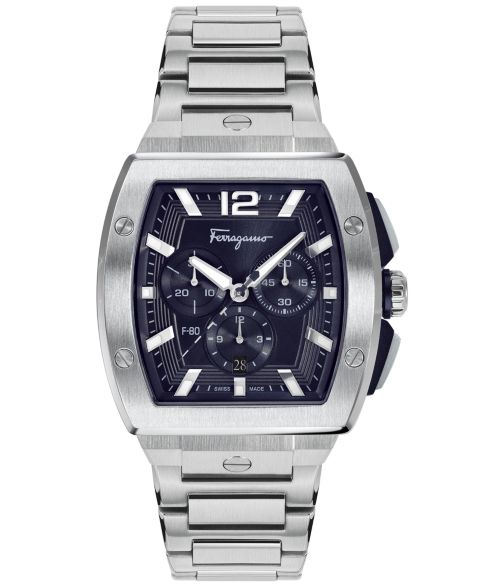 Мужские часы Ferragamo Salvatore Swiss Chronograph F-80 Tonneau Stainless Steel Bracelet Watch 42mm
