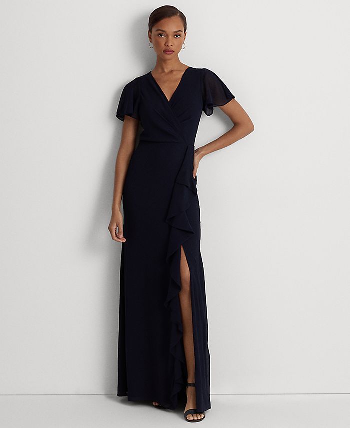 Lauren Ralph Lauren Women's Belted Georgette Flutter-Sleeve Gown & Reviews  - Dresses - Women - Macy's