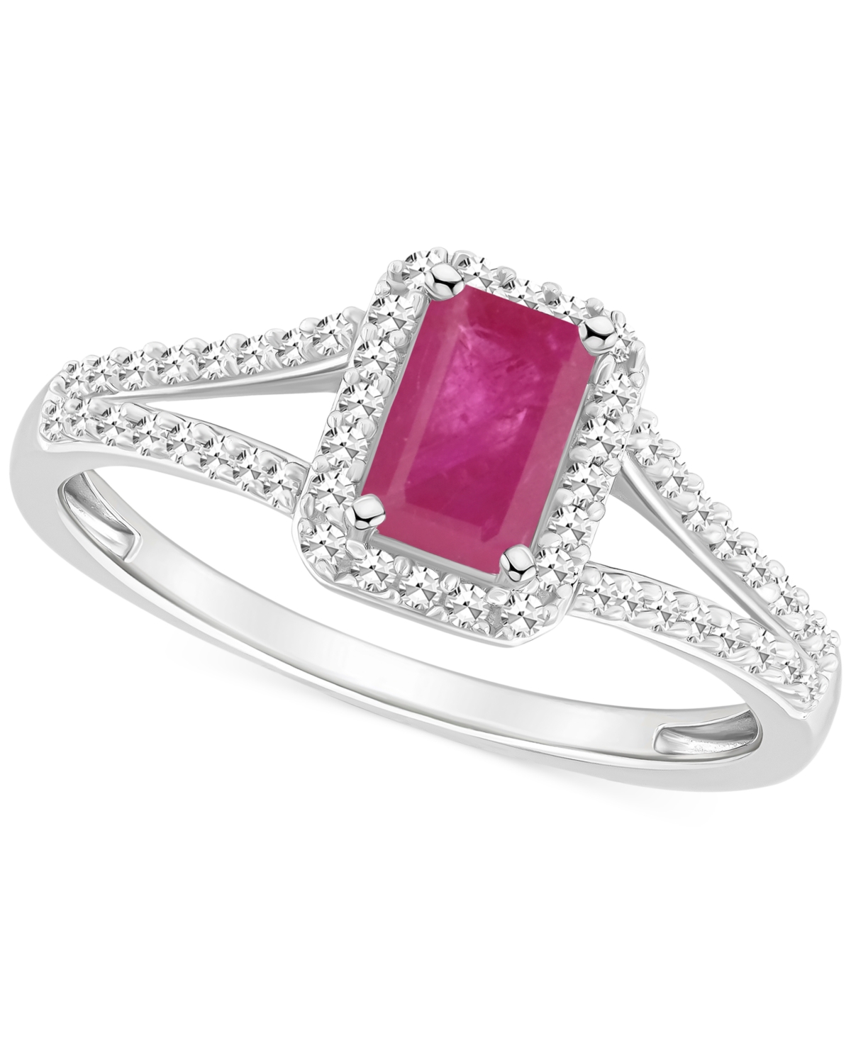 Emerald (1/2 ct. t.w.) & Diamond (1/4 ct. t.w.) Split Shank Ring in Sterling Silver (Also & Sapphire) - RUBY