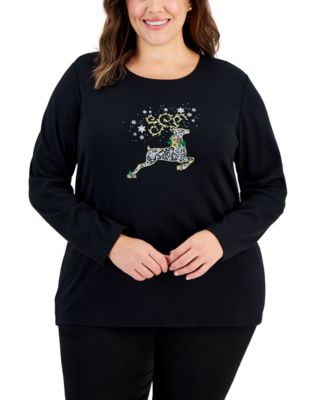 Karen Scott - Plus Size Glitter Embellished Long-Sleeve Cotton Top