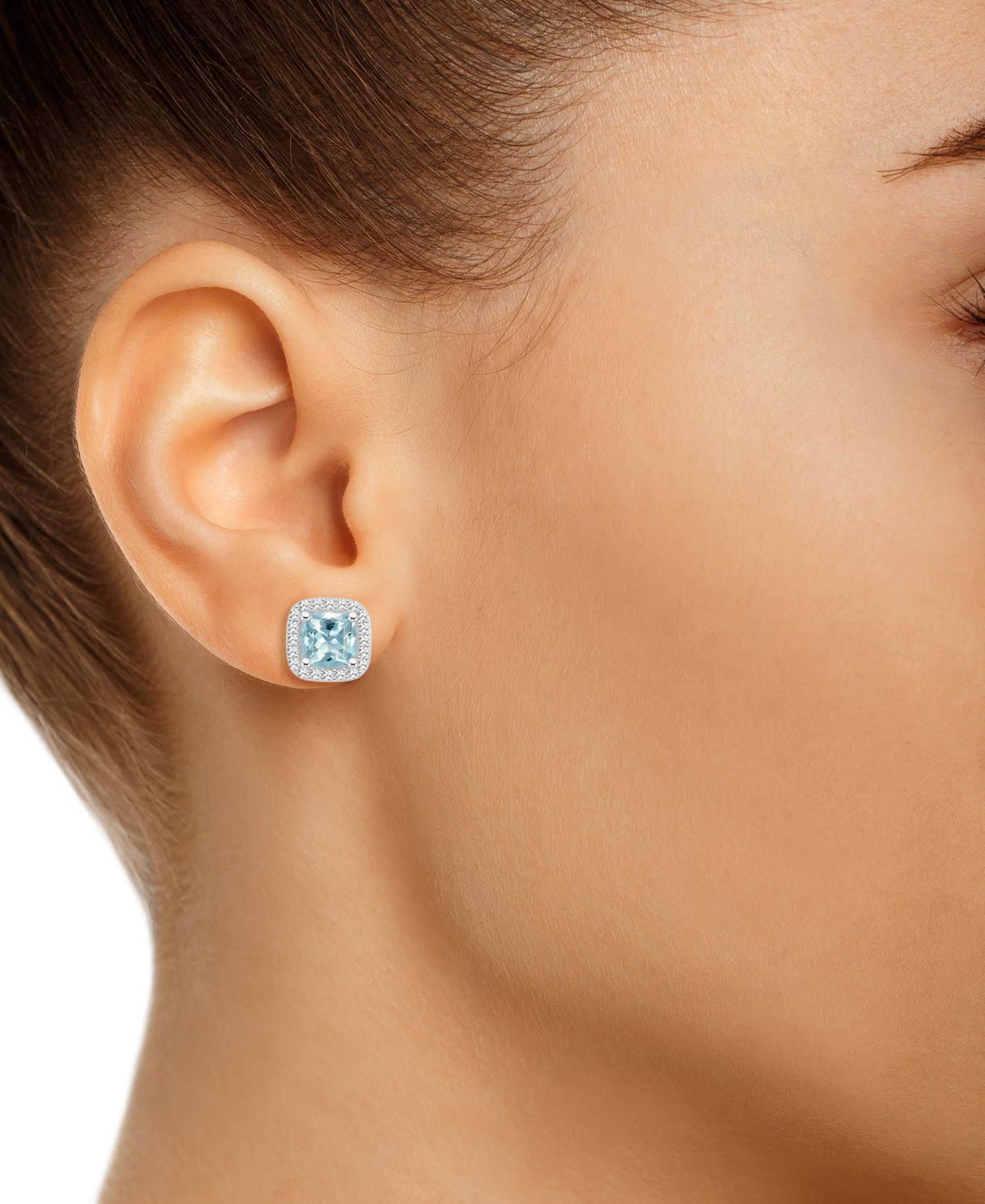 Aquamarine (1 ct. t.w.) & Diamond (1/5 ct. t.w.) Cushion Halo Stud Earrings in Sterling Silver