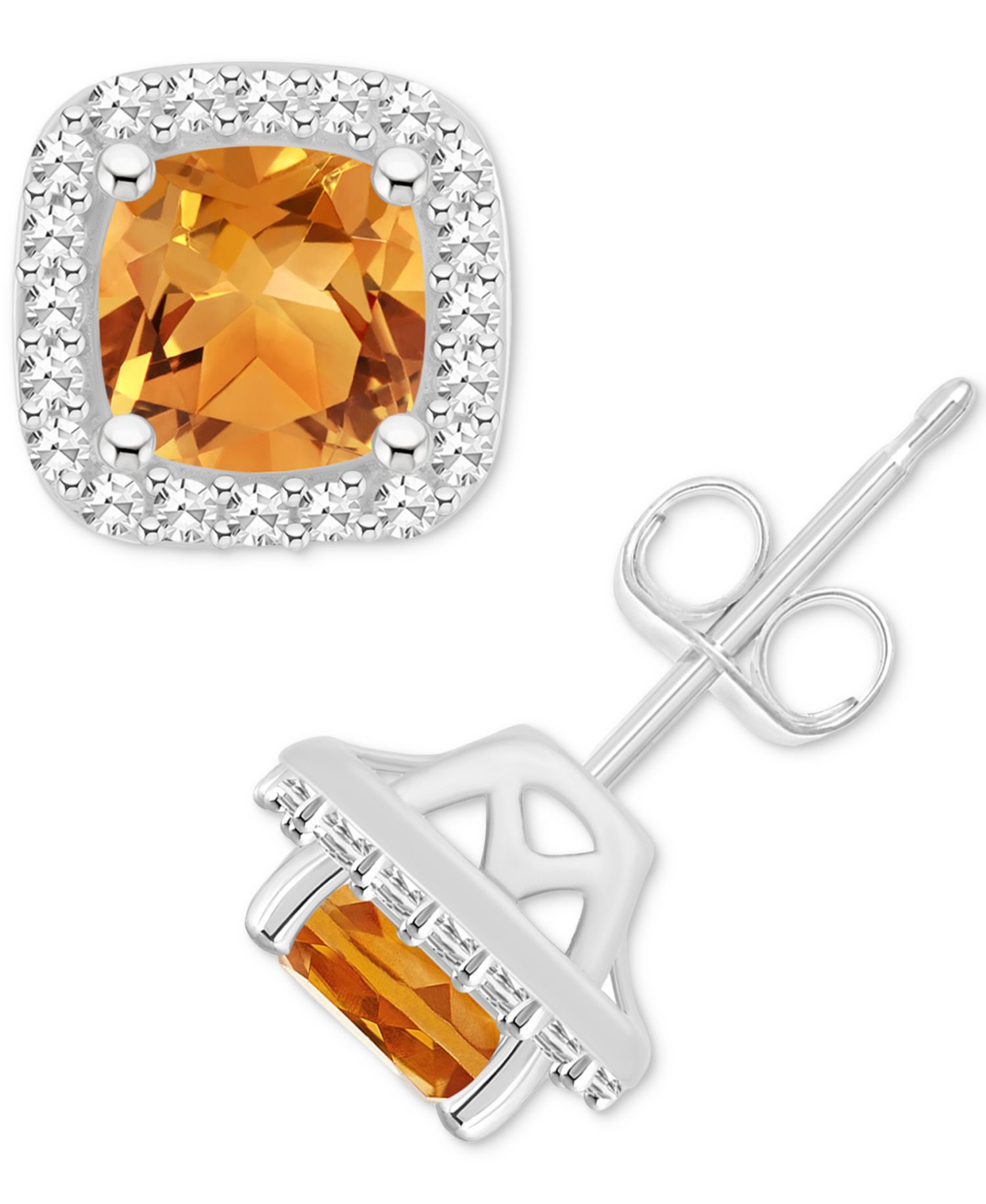 Amethyst (1 ct. t.w.) & Diamond (1/5 ct. t.w.) Cushion Halo Stud Earrings in Sterling Silver (Also in Citrine, Garnet, Peridot, & Blue Topaz)
