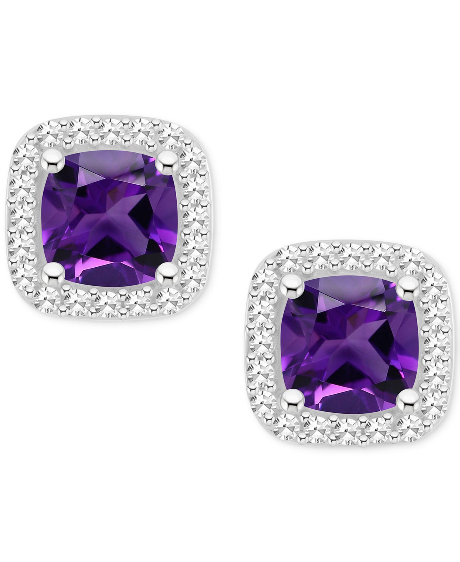 Amethyst (1 ct. t.w.) & Diamond (1/5 ct. t.w.) Cushion Halo Stud Earrings in Sterling Silver (Also in Citrine, Garnet, Peridot, & Blue Topaz)