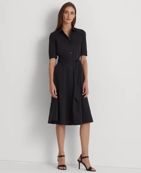 Petite Elbow-Sleeve Shirtdress - Polo Black