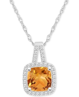 Amethyst (1-1/2 ct. t.w.) & Diamond (1/6 ct. t.w.) Cushion Halo 18" Pendant Necklace in Sterling Silver (Also in Citrine, Garnet, Peridot, & Blue Topaz)